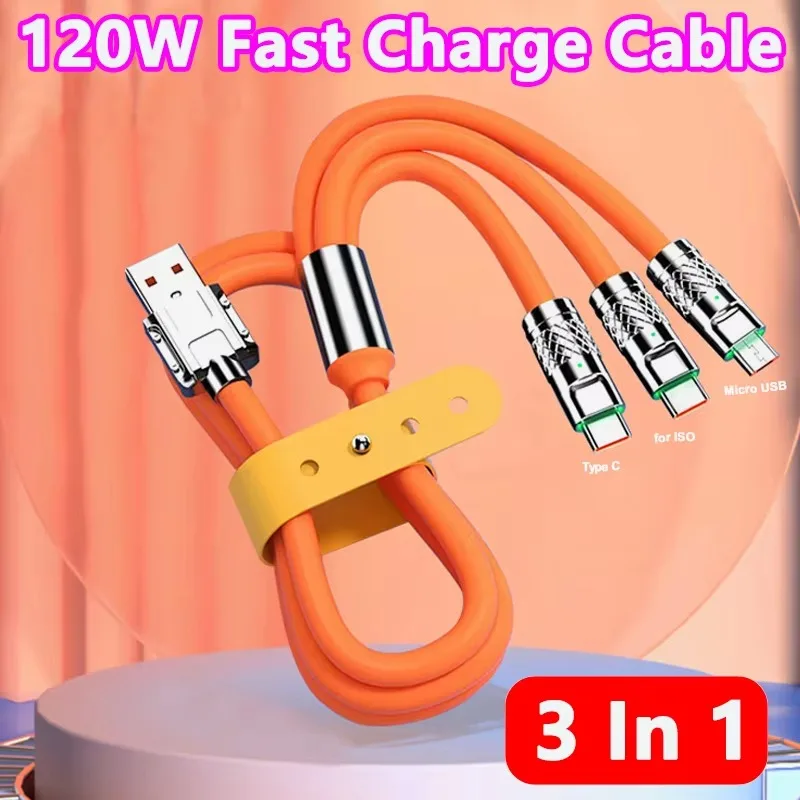 Кабель для швидкого заряджання 3 в 1 120 Вт Micro USB Type-c Кілька портів USB Кабелі для заряджання мобільного телефону для Xiaomi Samsung iPhone