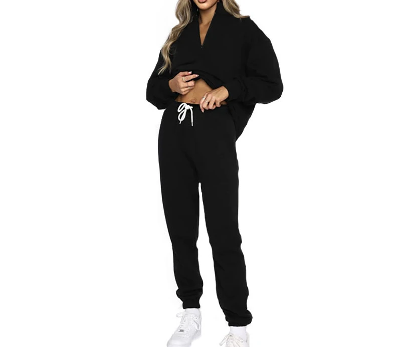 Women's Autumn and Winter New Solid Collar Zipper Pullover Long Sleeve Sweater Two-piece Fashion Pants Suit Female Top & Trouser