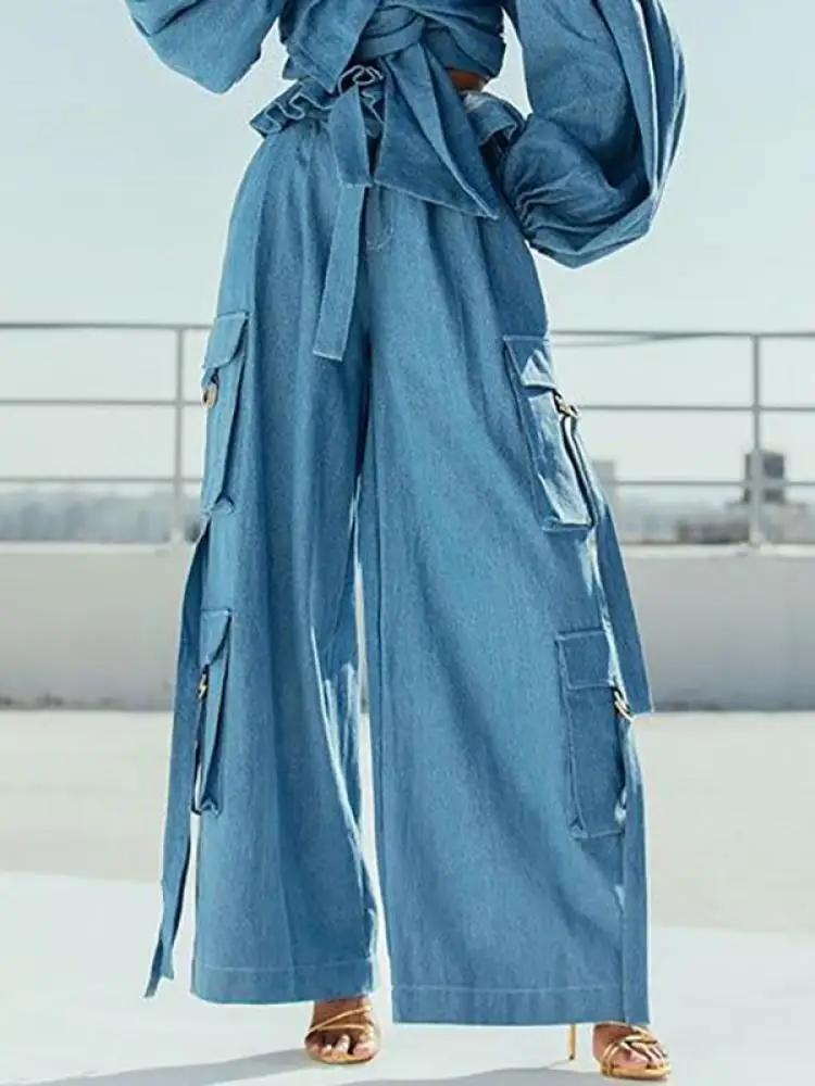 

Bohohipei 2024 New Imitation Denim Pockets Ruffled Tied Waist Wide Leg Pants Street Style High Waist Casual Trendy Trousers