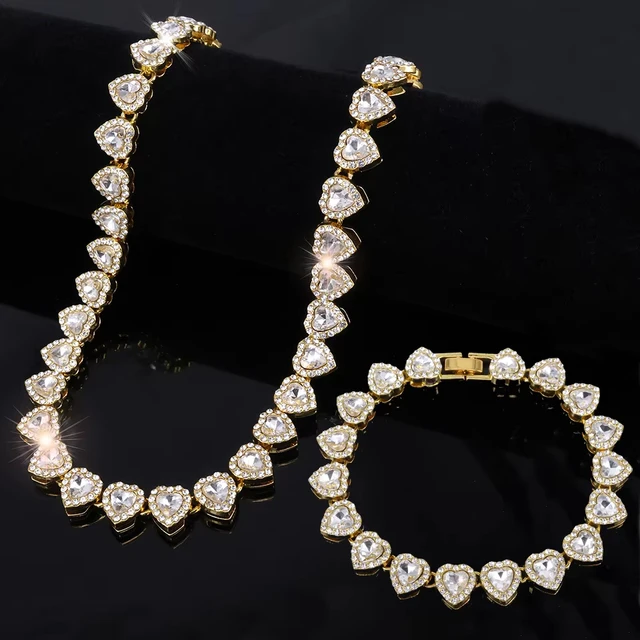 ZAKOL 45CM New Hip Hop Tennis Chain Bracelet Necklace Shiny Heart Rhinestone CZ Fashion Rock Party Jewelry Set 12