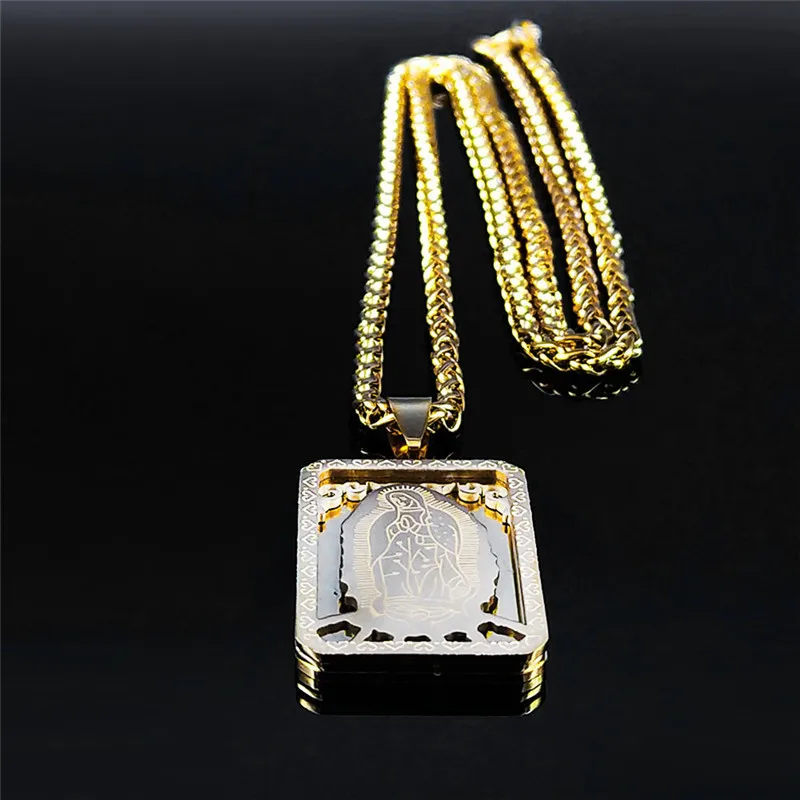 MENDEL Men's Stainless Steel Cross Necklace With Virgin Mary & Our Lady Of Guadalupe Pendant