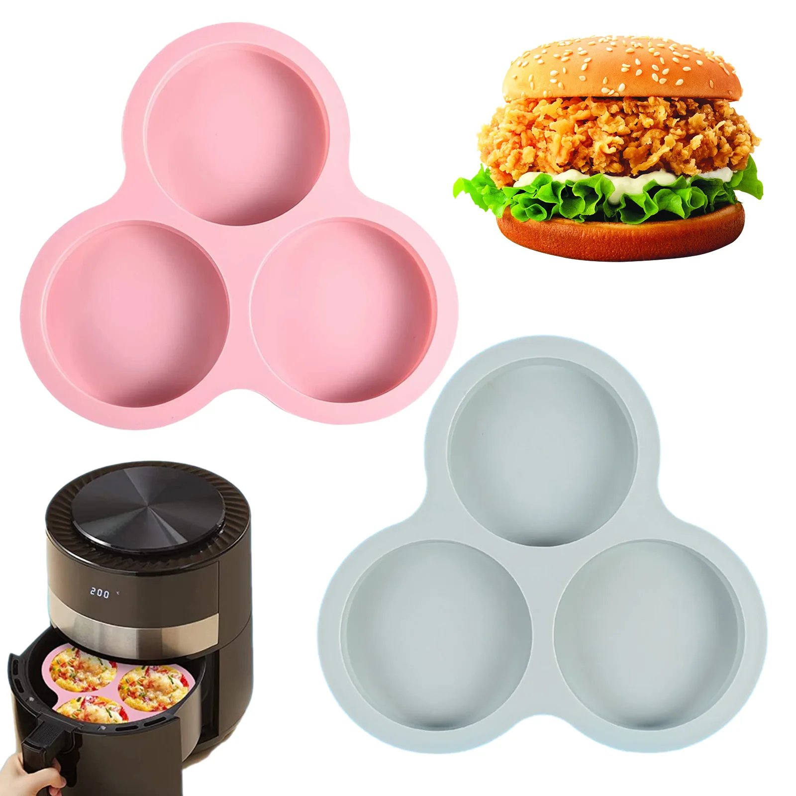 

Reusable Air Fryer Egg Mold Non-Stick Air Fryer Baking Pan 3 Cavity Silicone Muffin Pans for Baking Hamburger Bun Pan Bakeware