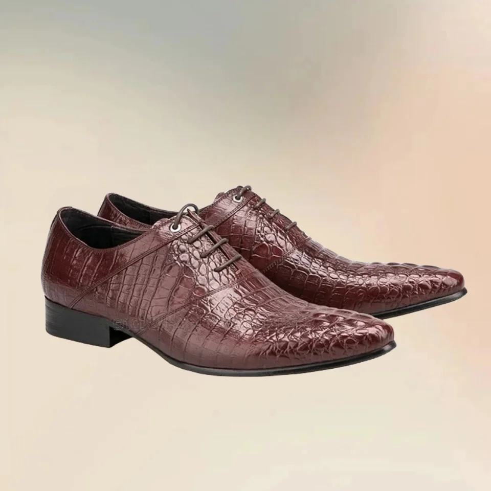 

Burgandy Crocodile Print Pointed Toe Men Derby Shoes Fashion Lace Up Men Shoes Luxurious Handmade Party Banquet Men Dress Shoes