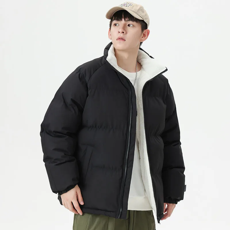Winter Men's Plush Cotton Jacket Warm Down Cotton Jacket Solid Color Standing Collar Casual Slimming Lightweight Coat