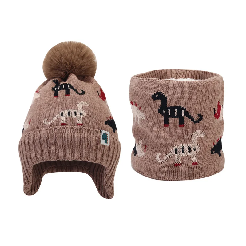 New Winter Cartoon Dinosaur Children Hat Scarf Set Plush Knitted Hat Neck Set Boys Girls Ear Protection Woolen Two Piece