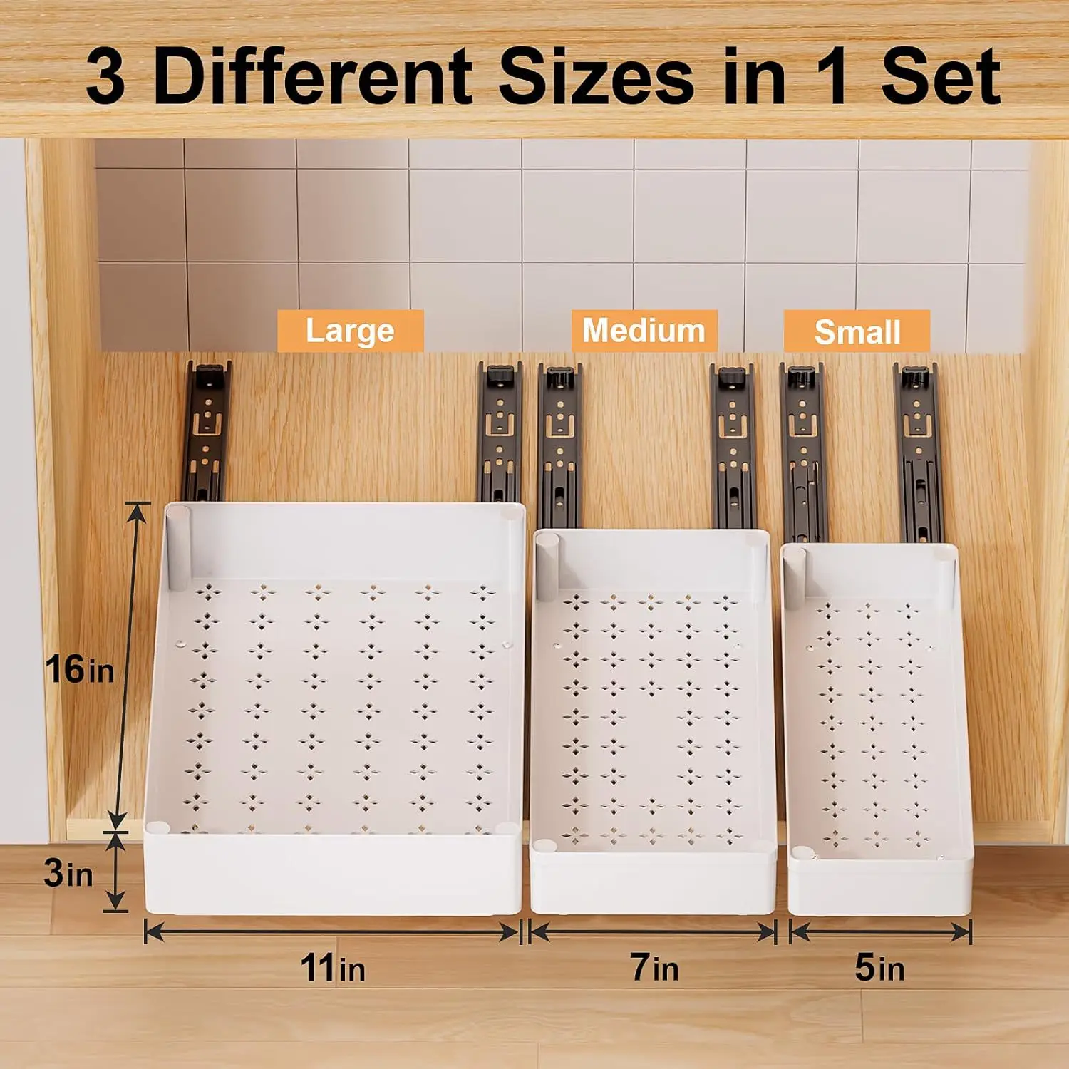 3pcs/set Pull out Cabinet Organizer 21" Deep Heavy Duty  Slide out Drawers for Kitchen Cabinets with Adhesive 1 Pack Adjustable 6