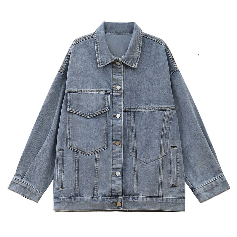 Fashion Solid Color Long Sleeve Pocket Single-Breasted Loose Denim Jacket 2023 Spring Autumn Mid-Length Women's Loose Coat
