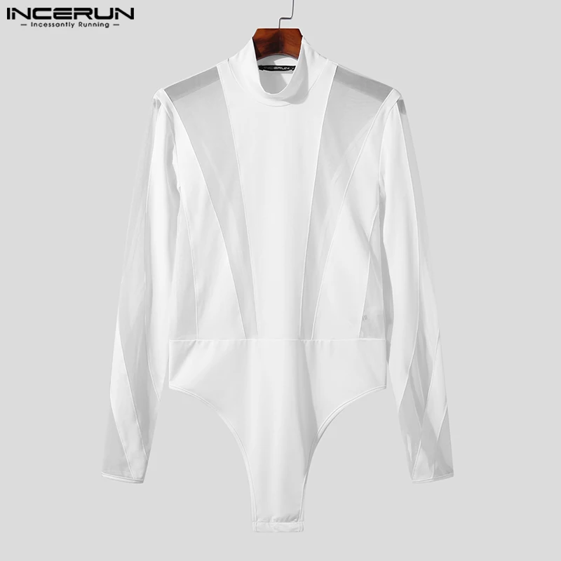 INCERUN Sexy Fashion Style Men's Jumpsuits Splice See-through Mesh Rompers Casual Party Shows Thimble Long Sleeve Bodysuit S-5XL