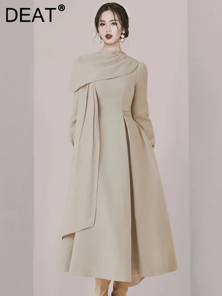

DEAT Scarf Collar Women Dress Slim Solid Collor A Line Full Sleeve Irregular Medium Long New 2024 Fashion Female 15KB4329