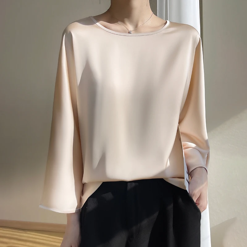 

Spring/Summer 2023 Round Neck Cropped Sleeves Loose And Versatile Simple Fashion Short-Sleeved Female Mulberry Silk Blouse