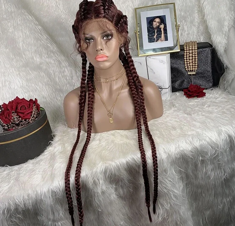 Women Long Box Braided Wigs 4 Braids Crochet Braids Lace Front Wig Glueless