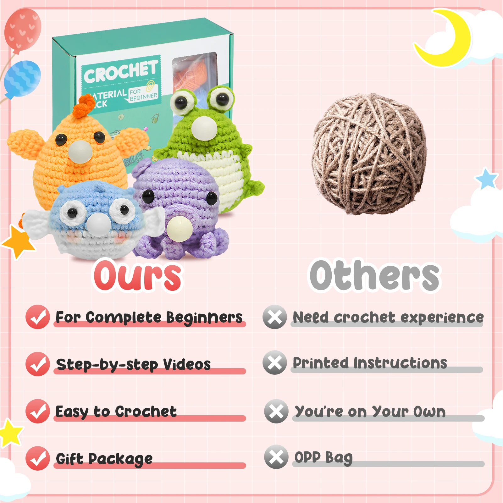 4Pcs Crochet Kit for Beginners Complete Animal Crochet Knitting Adorable Doll Chick Frog Octopus Starter Pack Craft Kit