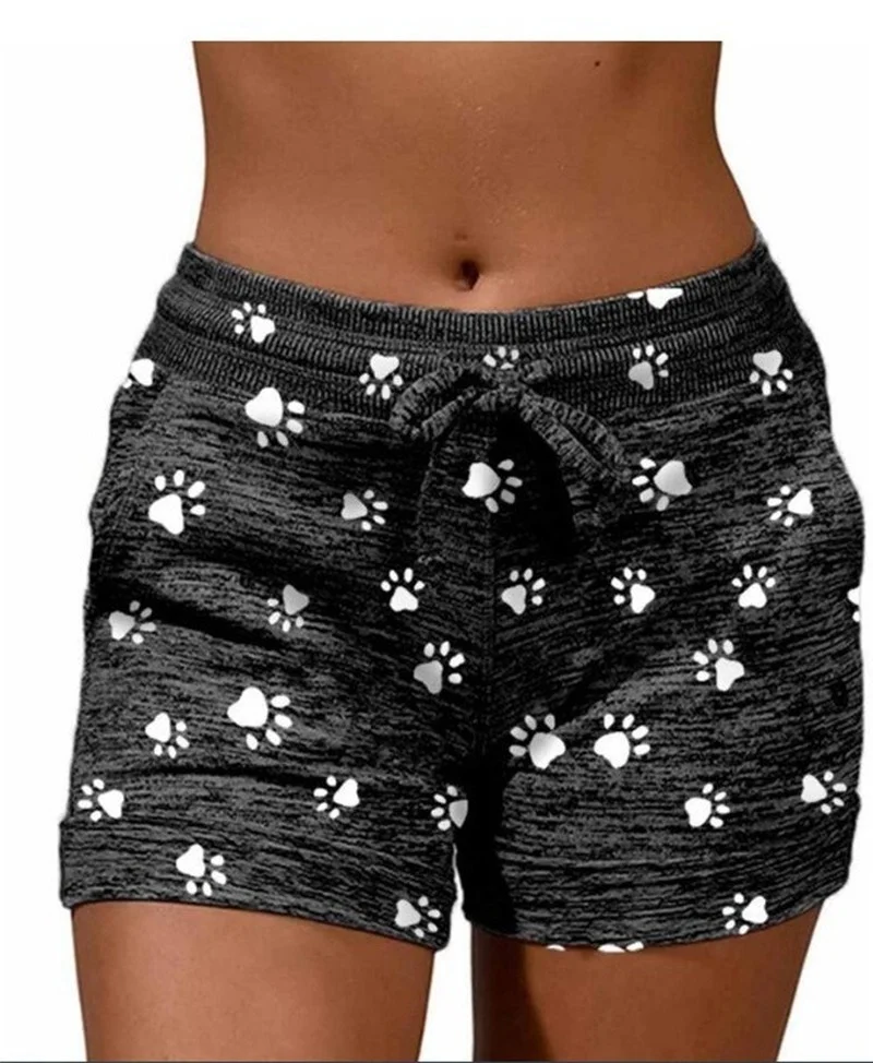 

Kawaii Dog Paw Print Casual Fashion Slim Elastic Band Shorts Women Loose Lace Up Black Harajuku Short Plus Size Female Homewear