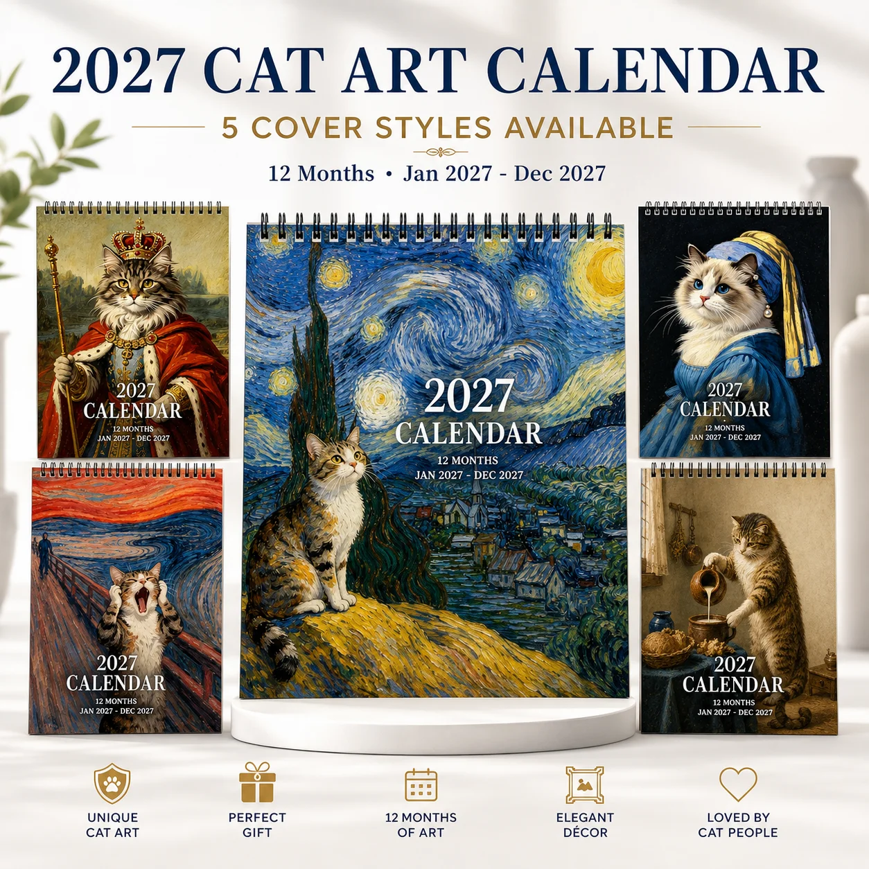Calendario da Parete 2027 con Famosi Dipinti di Gatti, 12 Mesi (Gennaio-Dicembre), Calendario Artistico a Spirale da Appendere, Regalo per Amanti dei Gatti, Decorazione per Casa e Ufficio