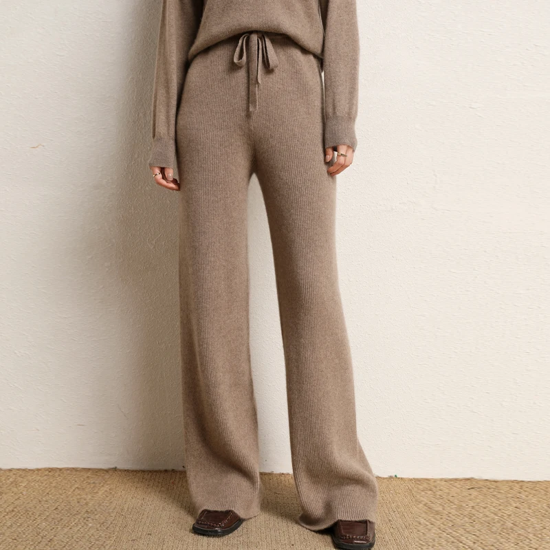 

BELIARST 100% Pure Wool Pants Ladies High Waist Lace Up Pants Casual Knit Loose Mopping Pants Wide Leg Pants Autumn and Winter