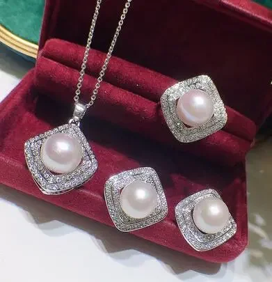 

8-9mm south sea crystal pearl necklace pendant earring ring set
