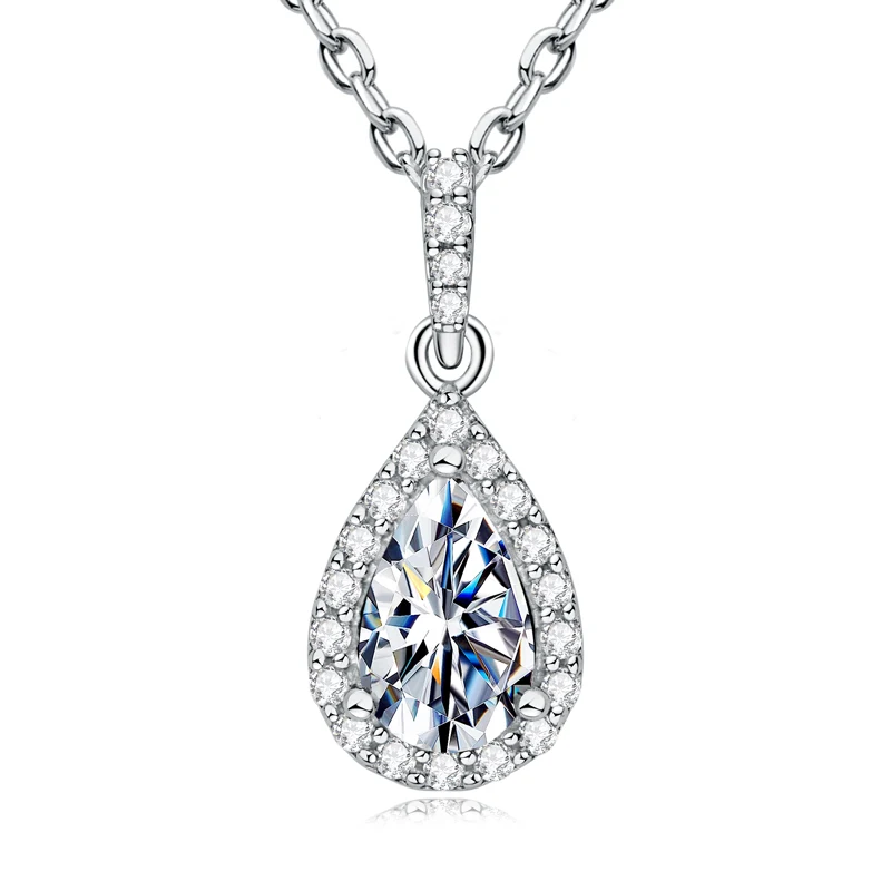 

925 Sterling Silver Pear Shape Cut 1.0CT D Color Moissanite Halo Pendant Necklace Classic Engagement Gift for Women