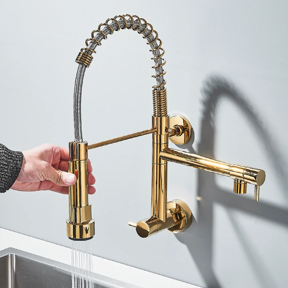 Pull Down Kitchen Faucet Wall Mounted Spring Single Cold Water Dual Spouts 360 Rotation Kitchen Tap kitchen faucets