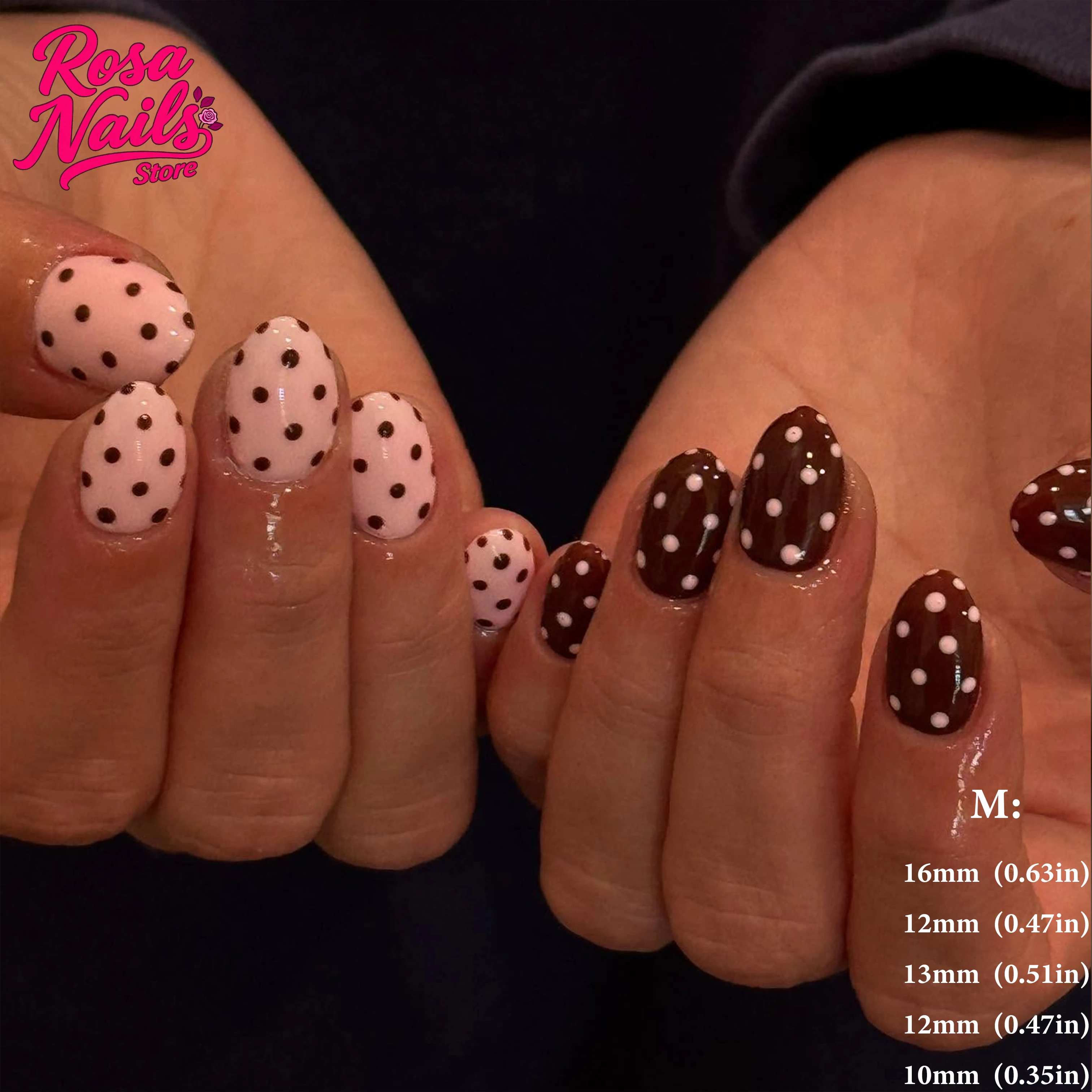 Summer Chic Polka Dot Press-On Nails with 3D Floral Accents in Pink, Yellow, and Brown French Tips