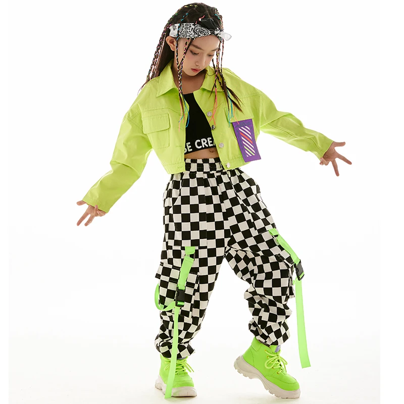 Girl Dance Costume Children Costumes Hip Hop Costume Jazz Dance Kpop Outfit Stage Wear Fashion Girls Clothes Green Jacket Checkered Pants Long Sleeves Kids