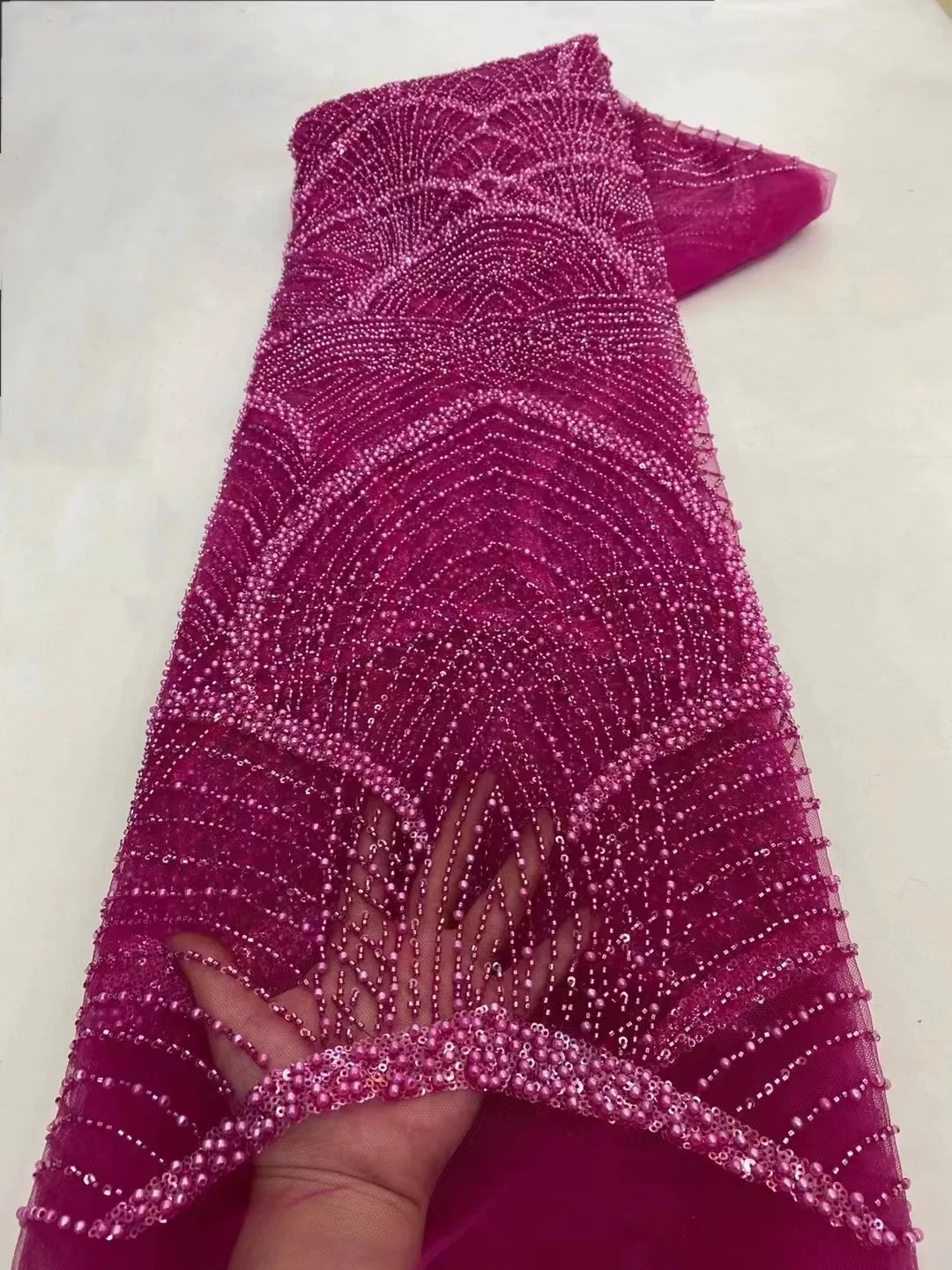 

Luxury African Heavy Beaded Lace Fabric 2023 High Quality Nigerian Sequins French Tulle Groom Fabric Material For Wedding Party