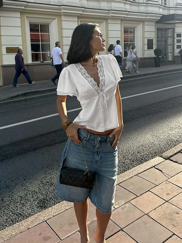 Ahagaga Causal Women Tops Solid Lace -Neck Short Sleeves Satin Slim Button...