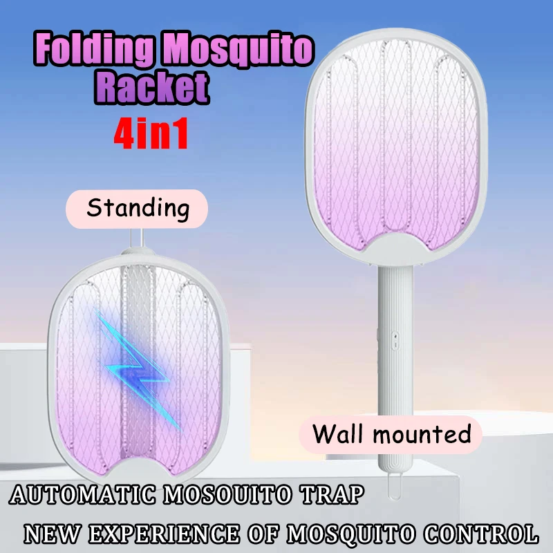 1pc 4-in-1 FoldableElectric Mosquito Racket Fly Swatter Trap Electric Mosquito Swatter USB Rechargeable Mosquito Racket Fly Zapp
