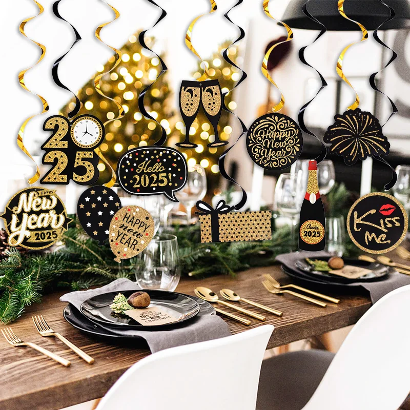 10pcs/set Happy New Year Spiral Hanging Banner Garland Hello 2025 New Year Eve Party Decoration Supplies Photo Booth Props Gift