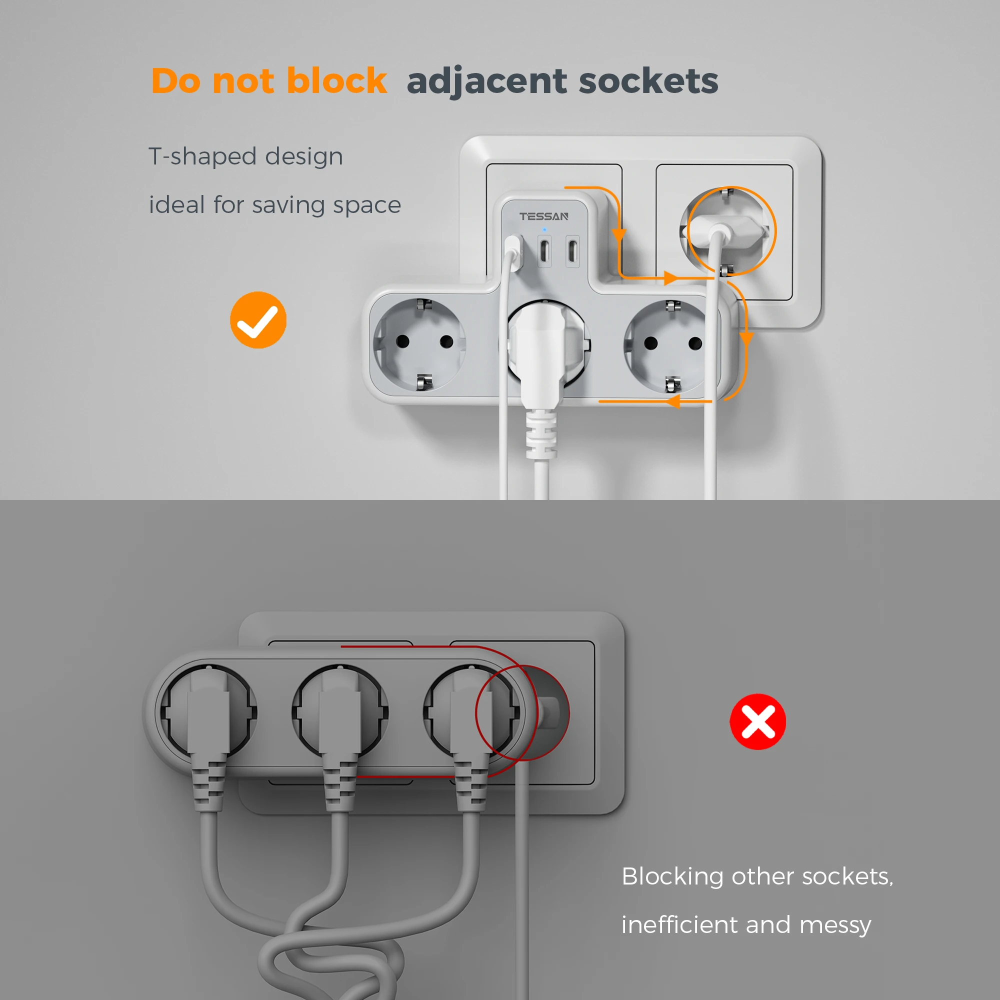 Power Plug Adapter TESSAN 3 Way Wall Socket USB Surge Protection 6-in-1 Wall Plug 3 USB Ports Smartphone Laptop Camera Travel electrical socket,power socket,plug adapter,power plug adapter