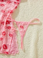 Lips Prints Pink Lace Sexy Lingerie Women See Through Babydoll Dress Slim Soft V Neck Side Opening Sleepwear Festival Gift - Image 6