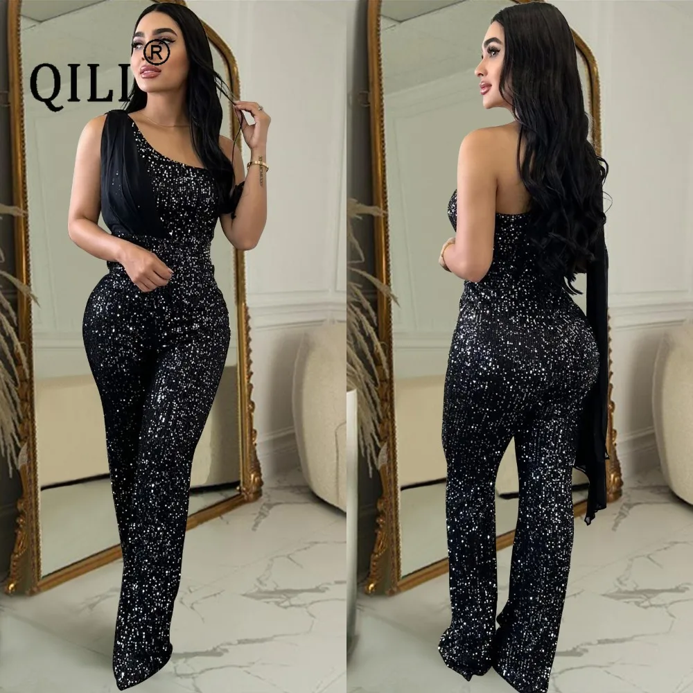 QILI-Women's One Shoulder Sequined Romper, Sleeveless Jumpsuit, Elegant Fashion, Black, Green, Red
