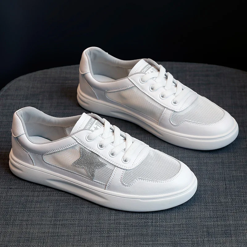 thumbnail image 1 of 2022 Verano Mujeres Zapatos Planos Blancos Casual Malla Cuero Patchwork Planos Transpirables, 1 of 5