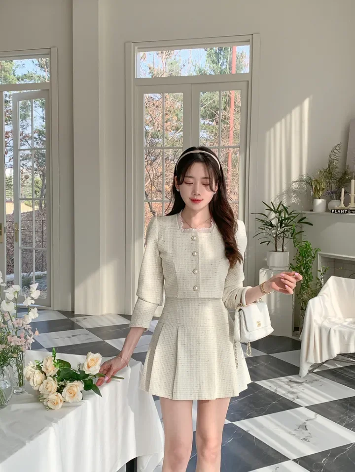 Korean Fashion Elegant Tweed Short Jacket Cropped Coats + High Waist Mini Skirts Suits Autumn New Slim Women Two-Piece Sets