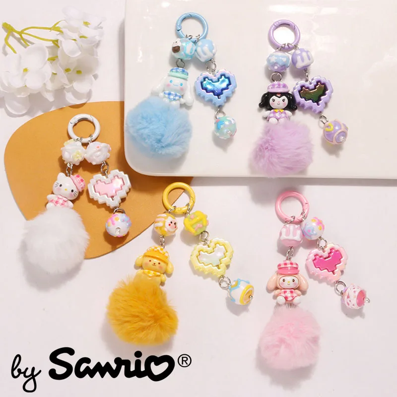 

Sanrio Hello Kitty Kuromi Cinnamoroll Fur Ball Keychains Bag Pendant Mobile Phone Accessories Decoration Ins Anime Kawaii Gifts