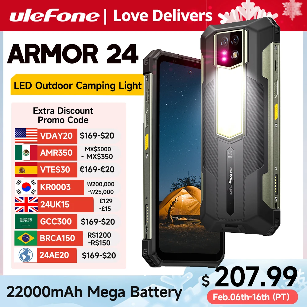 [Prima Mondiale] Ulefone Armor 24 Rugged Phone 22000Mah 24Gb + 256Gb 6.78 "120Hz Smartphone 64Mp + 64Mp Nfc Phone Versione Globale