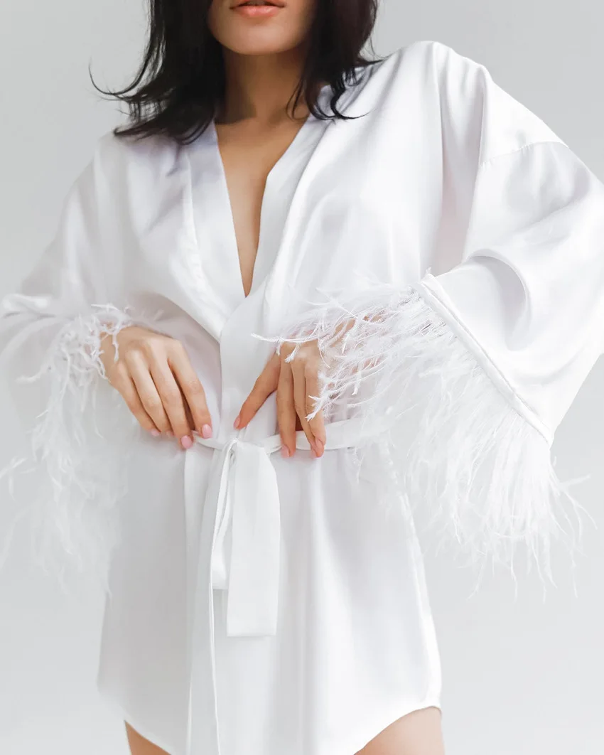 White Feather Robe With Fur Full Sleeves Sleepwear Satin Robes For Women Nightgown Bride Robe Gown Dress Bathrobe Female
