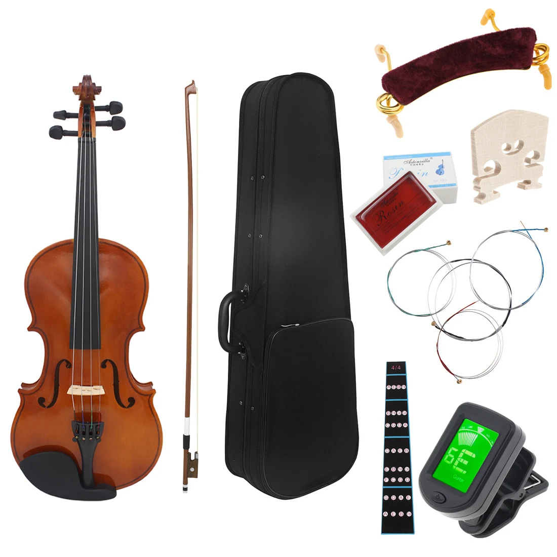 

4/4 Full Size Solid Wood Violin Set with Bow Shoulder Rest Rosin Tuner Fingerboard Sticker Extra Strings Bridge for Beginners