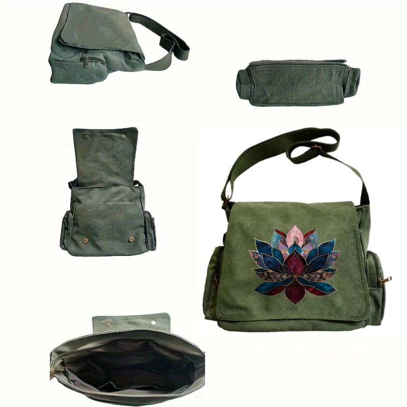 Vintage Women's Shoulder Bag Canvas Lotus Print Large Capacity Crossbody Bag for Travel Messenger Bag