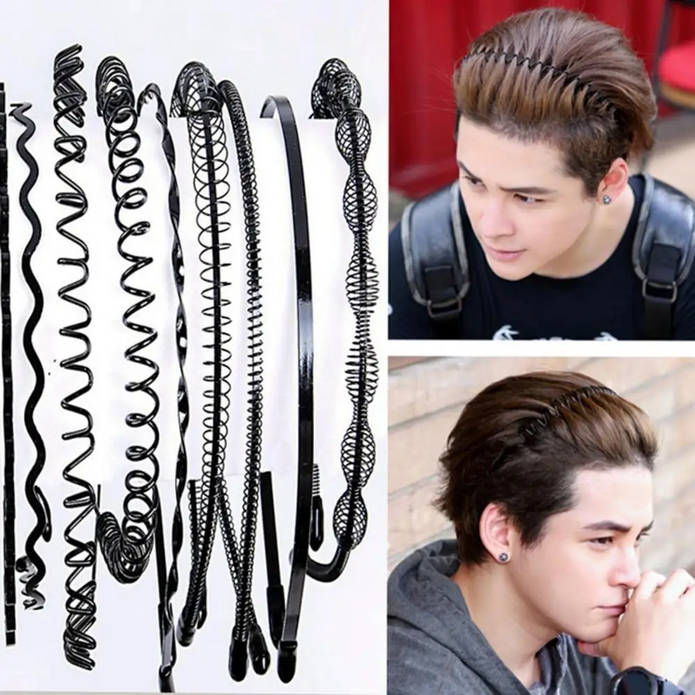 

2Pcs Men Headband Unisex Metal Wavy Spring Hair Hoop Black Non Slip Sports Headbands Women Men Hairband Face Washing Headdress