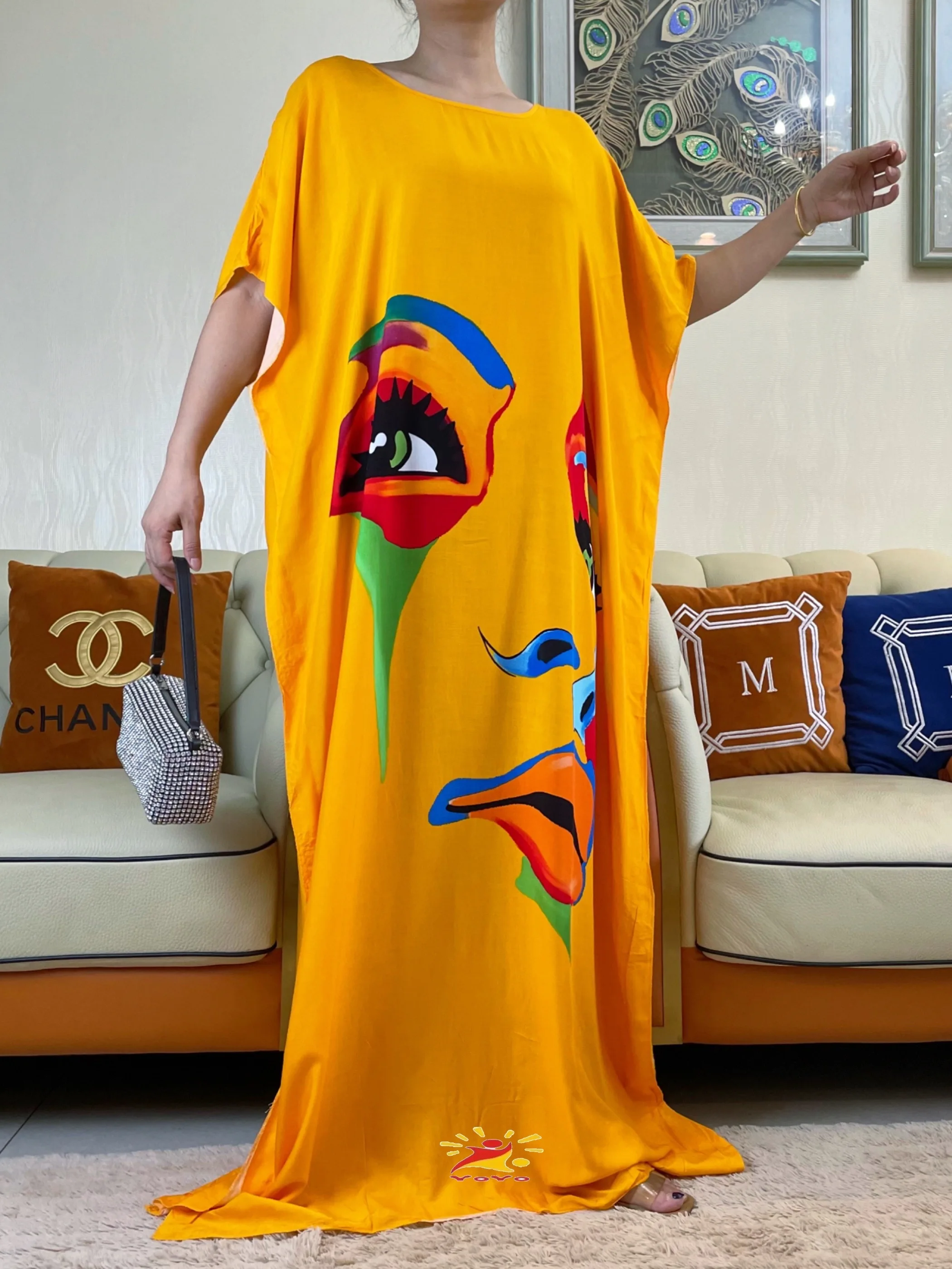2023Summer Short Sleeve Printing Cotton Dresse With Big Scarf African Dashiki Floral  Loose Caftan Lady  Maxi Casual Vestidos