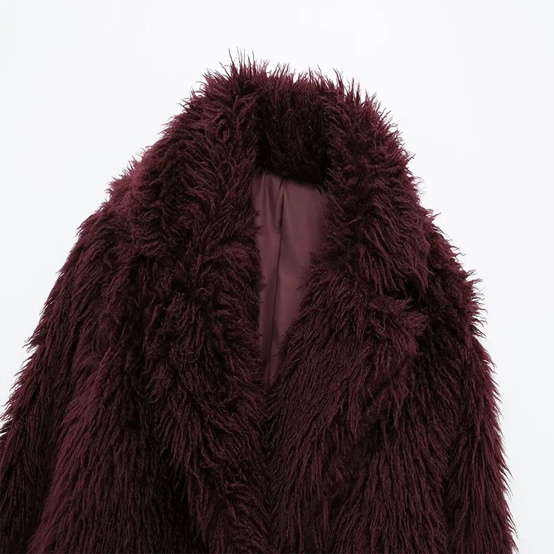 Koekop Women's Fashion Burgundy Asymmetric Thick Collar Fur Coat Vintage Casual Chic Temperament Lady Short Jacket 4