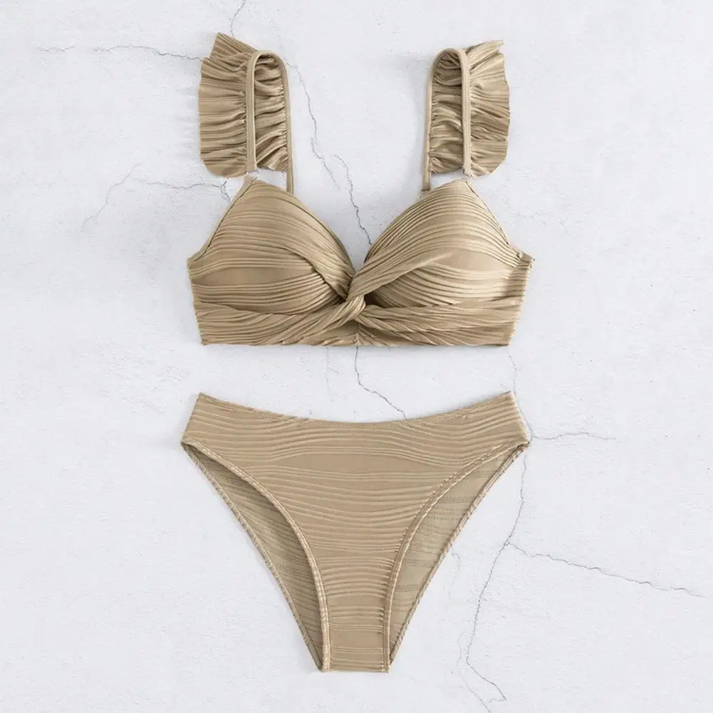 

Комплект бикини с подкладкой, стильный комплект бикини с рюшами на рукавах с высокой талией, соблазнительный купальник из двух предметов для женщин, однотонный треугольный