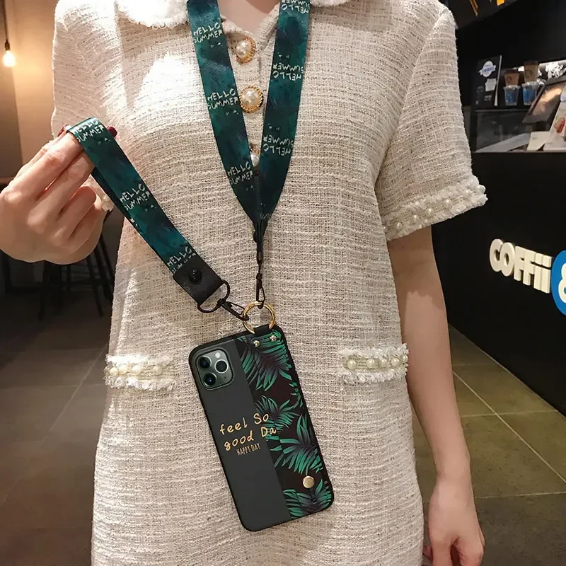 Retro Colorful Flower Soft TPU Phone Holder Lanyard Case with Neck Wrist Strap