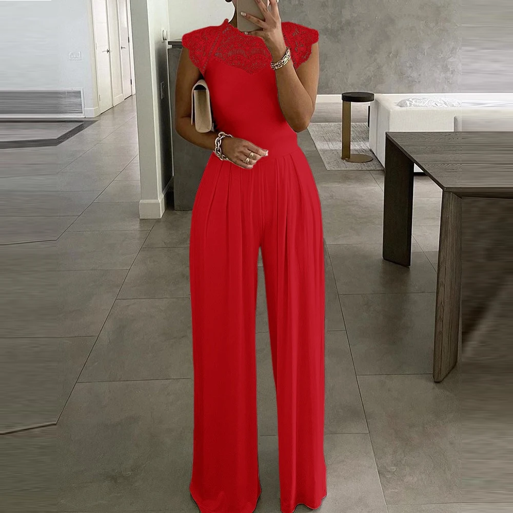 Solid Color Jumpsuit Women Elegant Embroidery Lace Sleeveless Rompers Fashion Party Night Evening Jumpsuit High Waist Clothing