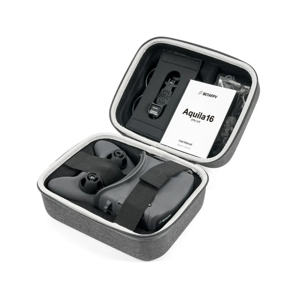 Kit Drone FPV Aquila16 déballé avec télécommande, batterie et accessoires pour débutant