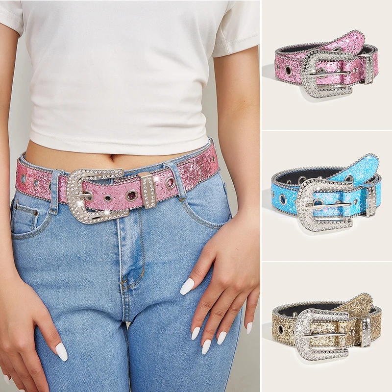 

Shiny Rhinestone Rivet Inlay Wide Belt Women PU Leather Crystal Waistbands For Dress Jeans Decorative Ladies Diamond Waist Belts