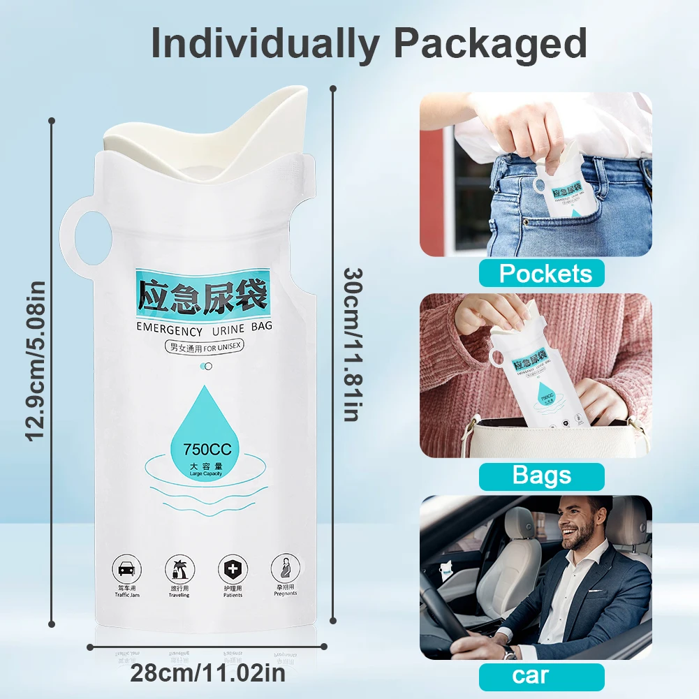 750ml 일회용 소변 주머니 야외 비상용 소변 주머니 누출 방지 비상용 소변/소변 주머니 캠핑 하이킹용 자가 밀봉
