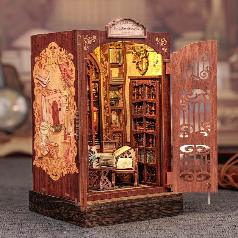 CUTEBEE DIY Book Nook Kit miniaturowy drewniany domek dla lalek z lekką półką na książki wkładka Model dekoracyjny na prezenty Bookstore wspomnienia