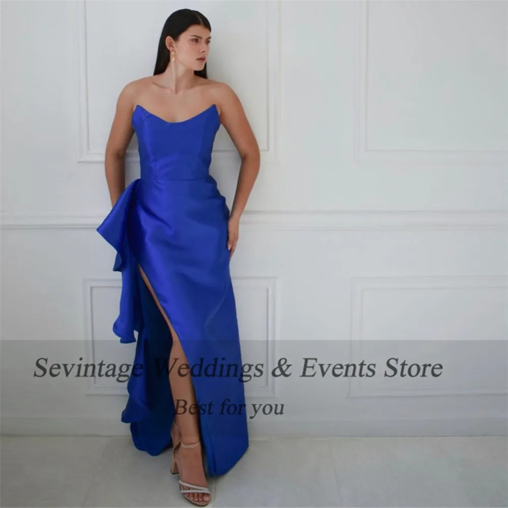 

Sevintage Royal Blue Satin Prom Dresses Scoop High Side Slit With Ruffle Evening Dresses A-Line Pleated Formal Occasion Dresses