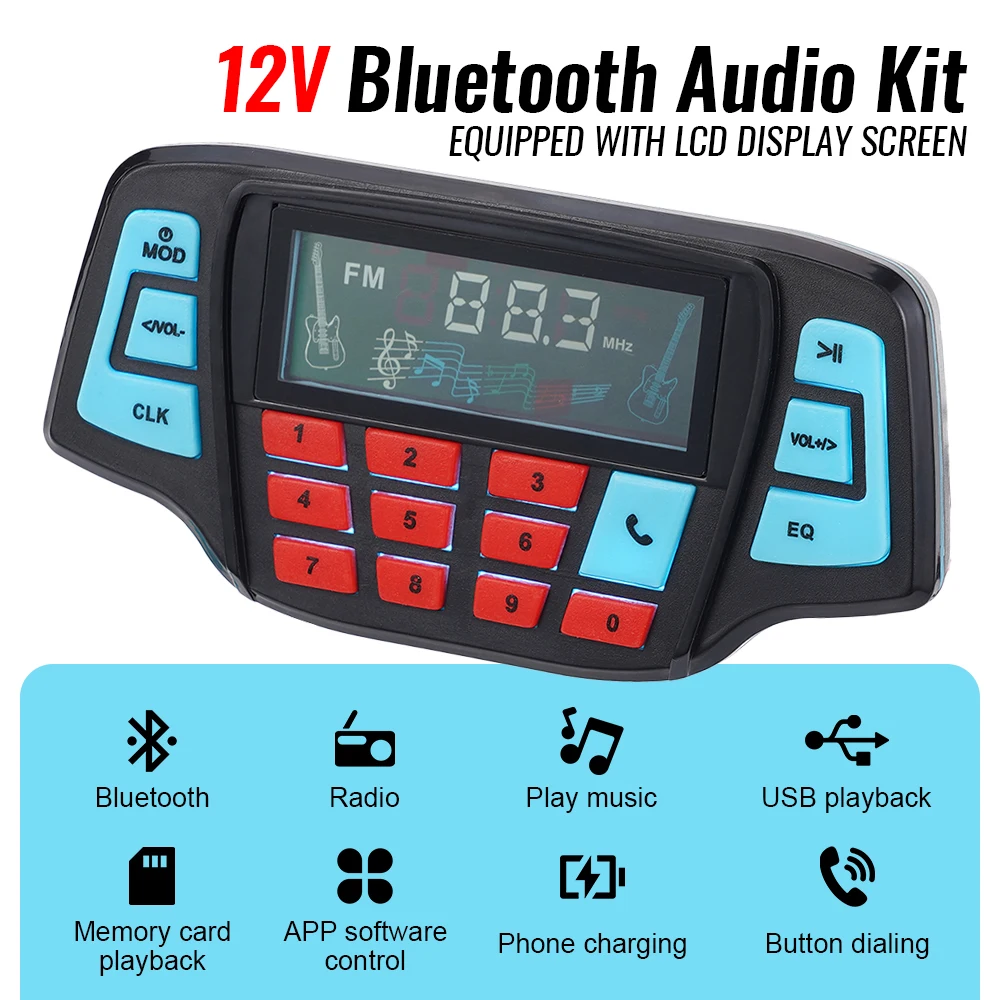 1세트 12V 2×15W 오토바이 블루투스 오디오 시스템 방수 LCD 디스플레이 APP 원격 FM 라디오 USB TF MP3 도난 방지 범용
